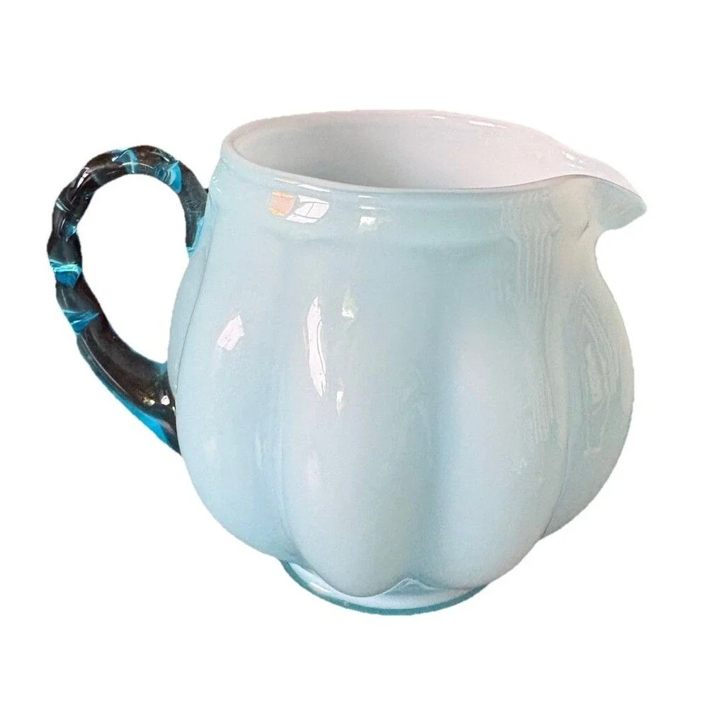 Vintage Fenton Melon Pattern Aqua Blue Glass Pitcher W/Applied Handle EXCELLENT - Picture 1 of 7